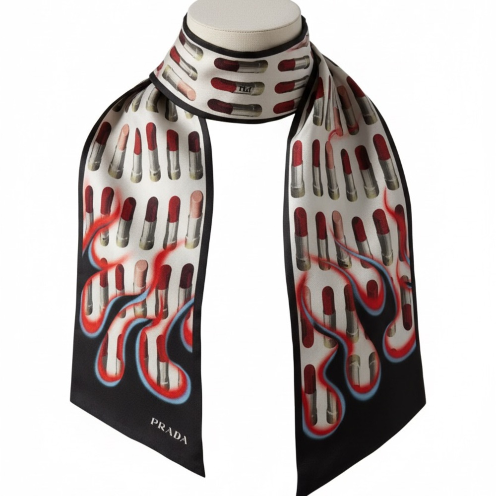 Prada Black Silk Scarf with Red and Blue Graphic Ring
